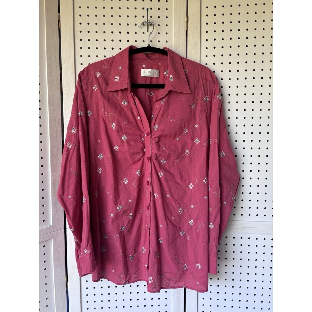 CJ BANKS Womens XL? Coral Eyelet Embroidered Button Down Blouse Long SLV